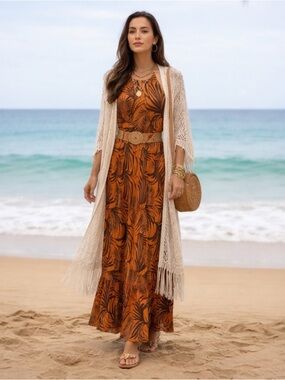 $159 MinkPink Finley Orange/Brown Tropical Leaf Halter Resort MaxiDress, Sz M